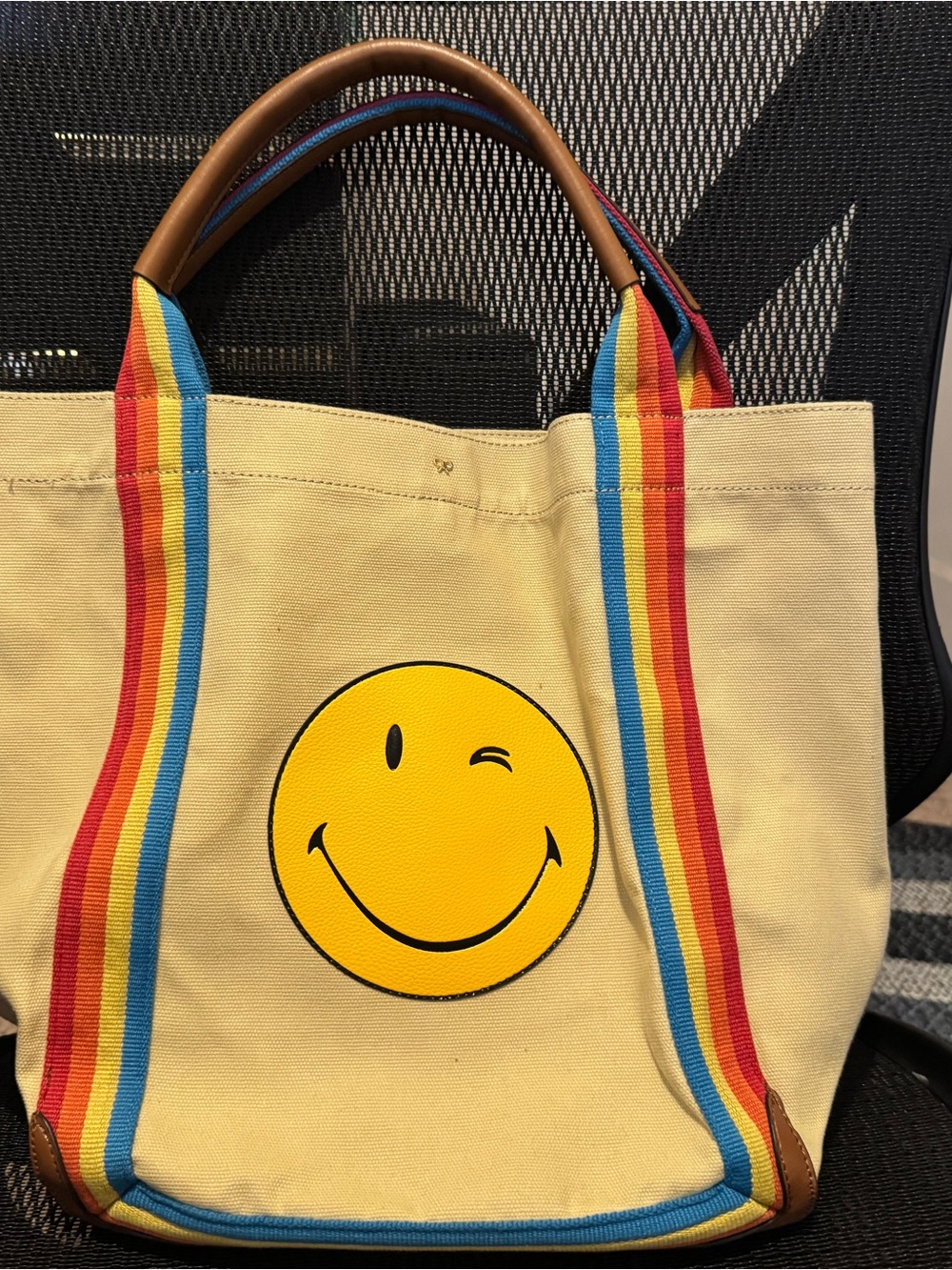 Canvas Smile Tote Bag in Cream with Rainbow Straps